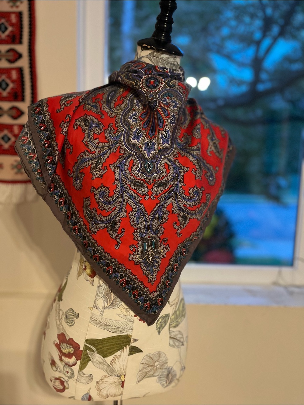 Red gray Paisley Silk Scarf